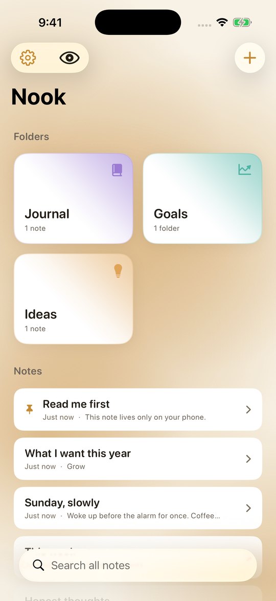 The Nook home screen with folders and notes.